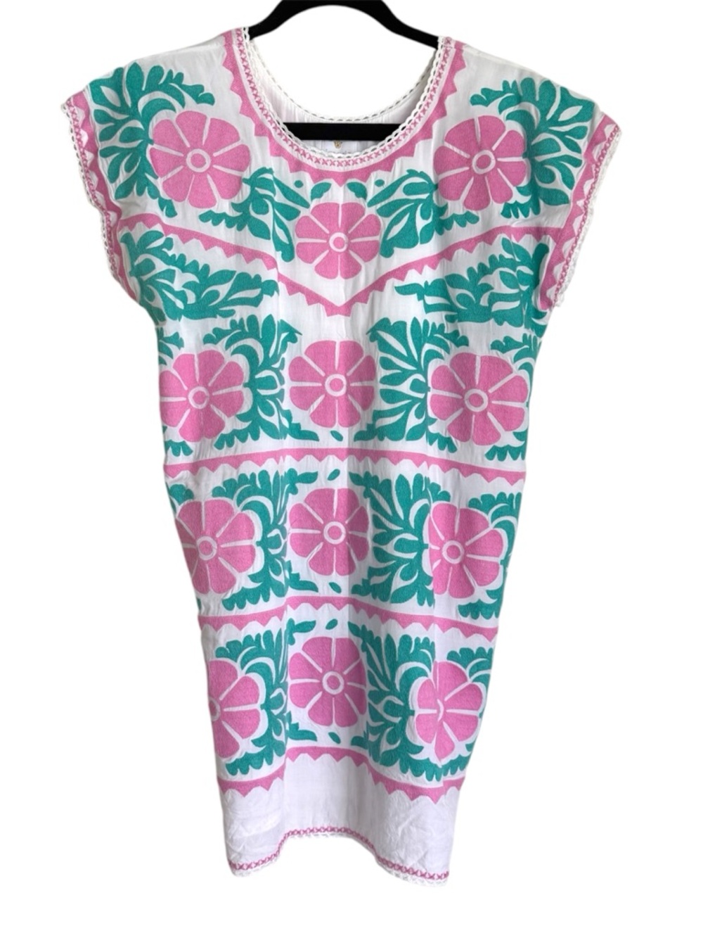 White Mini Dress with Pink Floral and Teal Green Accents